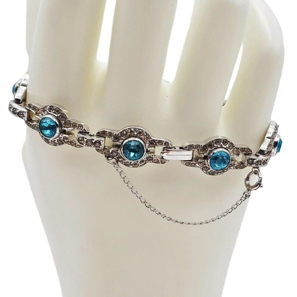 Sterling‎ Silver Aqua Blue Bracelet Tennis Link Safety Chain Rhinestone Art Deco